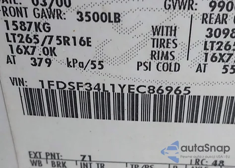 2000 Ford F-350 Lariat/Xl/Xlt z USA, uszkodzony, nr VIN 1FDSF34L1YEC86965